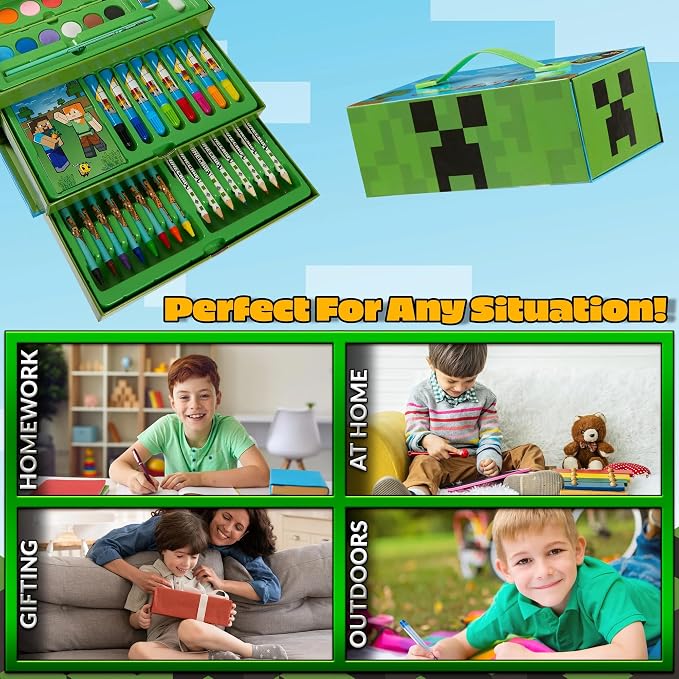 Minecraft Colored Pencils Art Supplies Set Crayons Watercolor Paints Colored Markers Coloring Drawing Kit Creeper Art Set Case Gamer Gifts for Boys