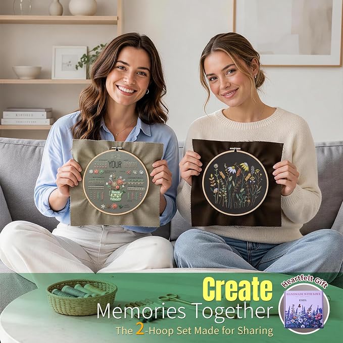 ETSPIL Embroidery Kit for Adults, 2 Hoops, 4K Slow-Mo, Pre-Printed Patterns | Stitch Together. 17 Vibrant Floss, Bound Guide. Needle Minder, Storage Tube, All Tools. No Washing. Relaxing Craft for Women