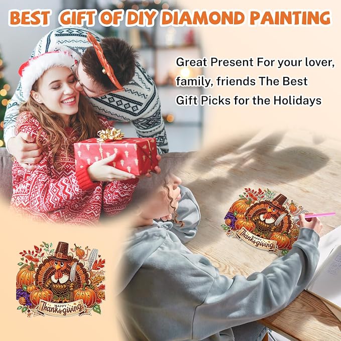 Bowetile Turkey Diamond Art Hanging Kits for Adults, Thanksgiving Diamond Art Suncatchers, 5D Halloween Pumpkin Diamond Painting Pendant Window Ornament Gifts for Home Door Wall Decor