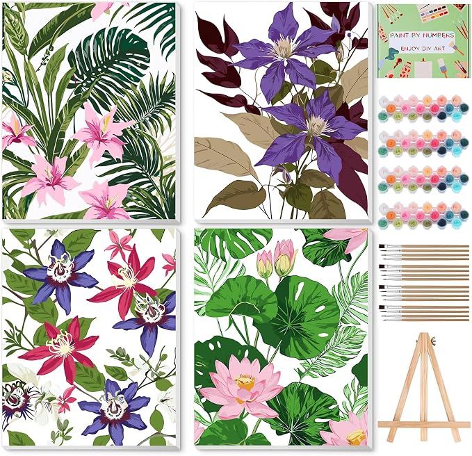 Qoosea Paint by Numbers Kit for Adults with Framed Canvas 4 Pack | Floral Paint by Number Arts Kits for Beginner with Wooden Easel, Acrylic Set, Brushes for Home Decor, 9 * 12 Inch