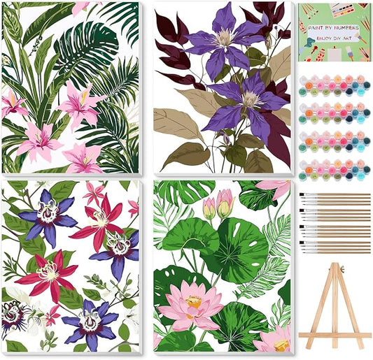 Qoosea Paint by Numbers Kit for Adults with Framed Canvas 4 Pack | Floral Paint by Number Arts Kits for Beginner with Wooden Easel, Acrylic Set, Brushes for Home Decor, 9 * 12 Inch