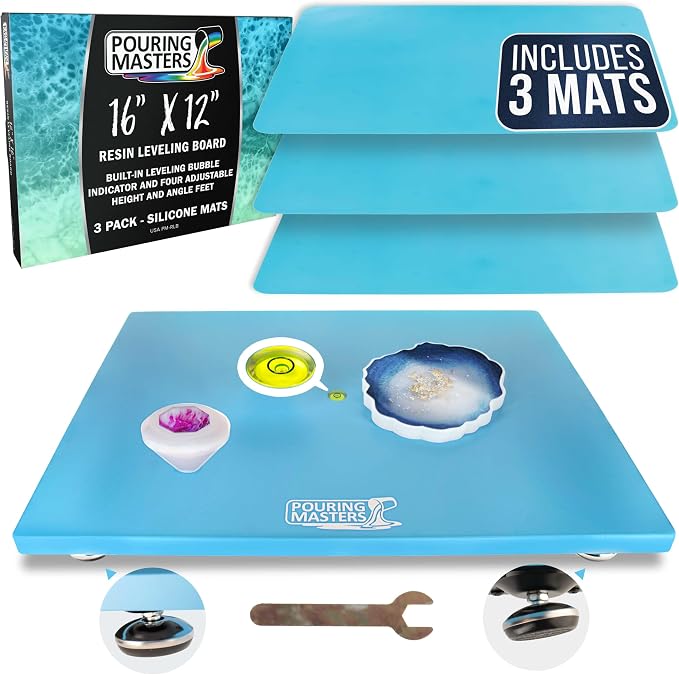 Pouring Masters Leveling Board for Epoxy Resin & Acrylic Pouring, 16" x 12" | Self Leveling Table with 3 Silicone Mats - Precision Adjustable Resin Table for Arts & Crafts Projects, Molds