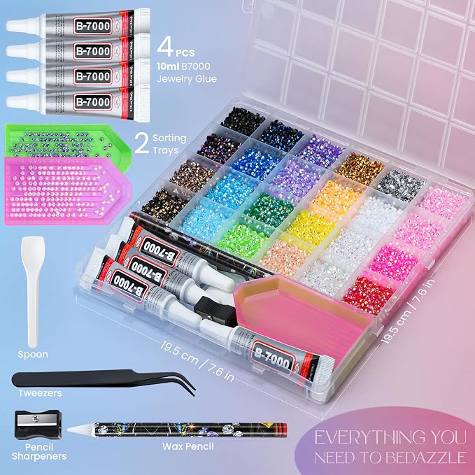 30000 Pcs Resin Jelly Rhinestones Kit, Multicolor 4mm Flatback Rhinestones with 4 Pcs B7000 Jewelry Glue & Tools, All-in-One Bedazzling Kit for DIY Arts & Crafts Gifts
