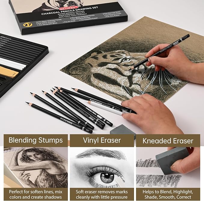 GETHPEN Charcoal Pencils for Drawing, S-Soft, Soft, Medium, Hard, 27Pcs | Black White Charcoal Pencils Kit, Drawing Pencils for Sketching, Shading, for Teens, Adults, Beginners & Artists