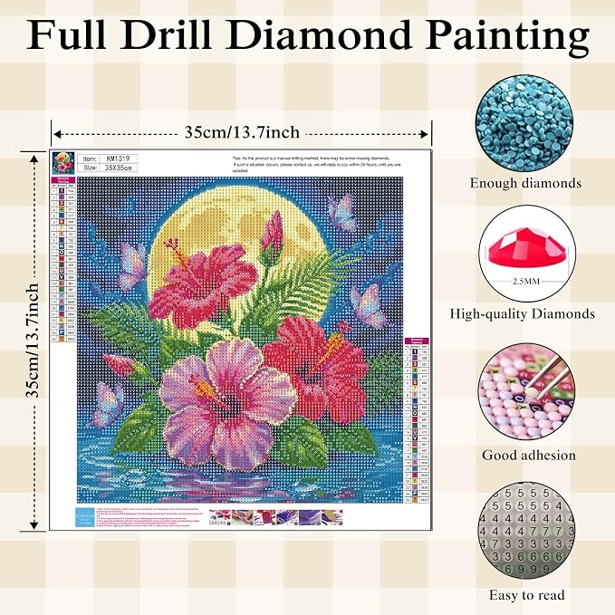 Hibiscus Flower Diamond Painting Kits for Adults,Moon Diamond Art Kits | DIY Full Round Drill Gem Painting Tropical Floral Paint by Diamonds Relaxing Craft for Home Wall Decor 13.75x13.75In