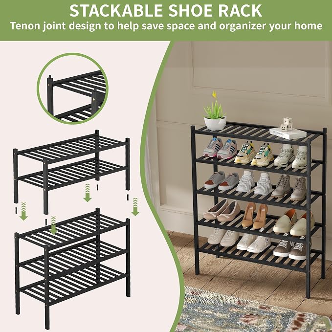ROMGUAR CRAFT 3 Tier Bamboo Shoe Rack for Closet Free Standing Wood Shoe Shelf Storage Organizer for Entryway Small Space Stackable 27"x11"x20" (Black) (Pack of 2)