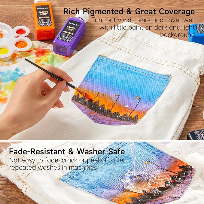 Shuttle Art Fabric Paint, 18 Colors Permanent Soft Fabric Paint in Bottles (60ml/2oz) with Brushes, Palette, Stencils, Non-Toxic Textile Paint for T-Shirts, Shoes, Jeans, Bags, DIY Projects&Art