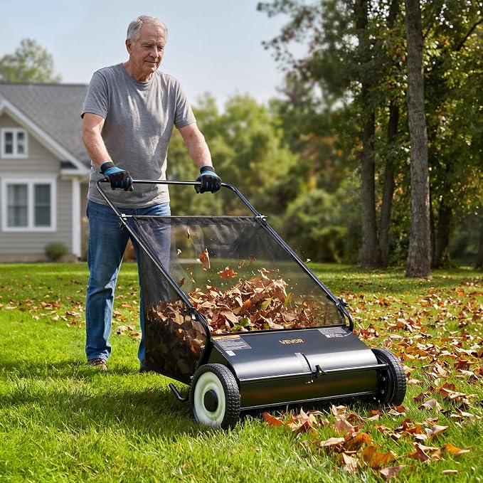 VEVOR Push Lawn Sweeper 26 Inch Leaf & Grass Collector Strong Rubber Wheels