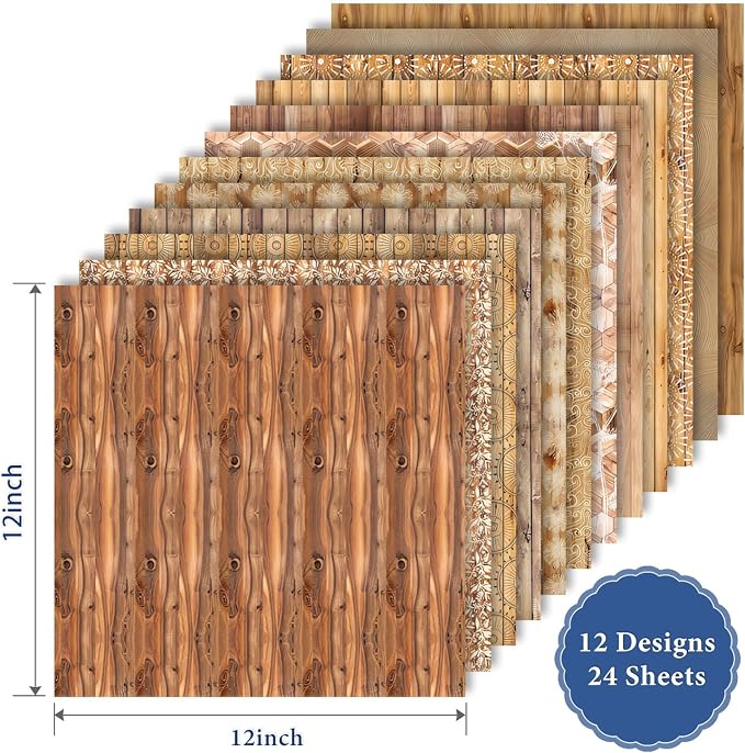 Wooden Texture Scrapbook Paper for Scrapbooking, 24 Sheets Double Sided Decorative Craft Patterned Paper for Junk Journals Greeting Cards 12x12 in