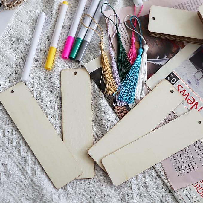 SWATOM Wood Bookmarks Blank DIY Wooden Bookmark Craft Bulk 30 PCS Unfinished Wood Tags Rectangle Shape Ornaments with Holes and Tassels for Wedding Party Birthday Decoration