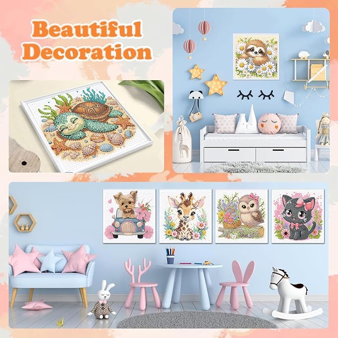 ajepon 6 Pack Animal Diamond Art Kits for Kids, Cute Animals Diamond Art for Kids Ages 8-12, Cat Dog Turtle Sloth Giraffe Owl Diamond Painting Kits for Kid for Gift Home Wall Decor (6x6inch)