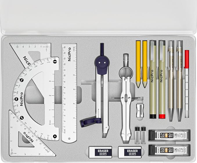 Nicpro 20PCS Professional Geometry Set Drafting Tool Protractor Compass | With Case, Metal Rulers, Triangles, Pens, Pencils, Drawing Supplies, Drafting Kit for Architecture and Engineering Students