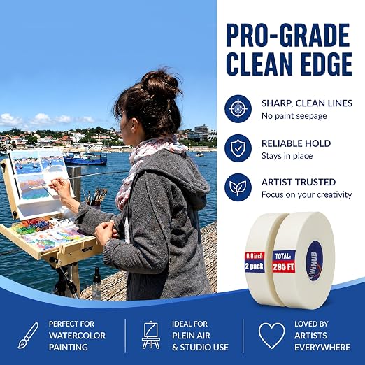 2 Pack Artist Tape for Watercolor Paper, 0.8 in Wide 295 FT Long | Professional Art Tape, White Masking Artists Tape for Drafting, Painting, Canvas Framing - Acid Free