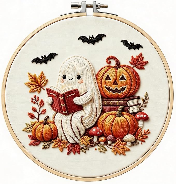 YOUDRN Halloween Ghost Reading Book Embroidery Kit for Beginners Adults