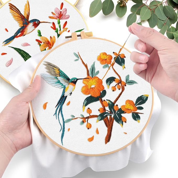 ERKOON 3 Sets Embroidery Kit, Hummingbird Cross Stitch Set for Include Embroidery Cloth Hoops Threads for Craft Lover Hand Stitch (Hummingbird)