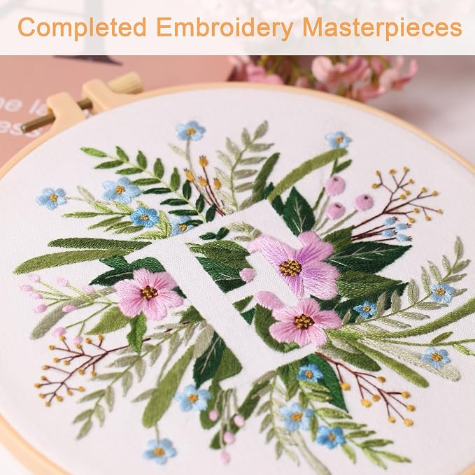 Harimau Letter F Pattern Embroidery Kit for Adult Beginners, Complete Starter Pack with 1 Hoop, Needles, Instruction Guide & Embroidery Stitch Video Tutorials