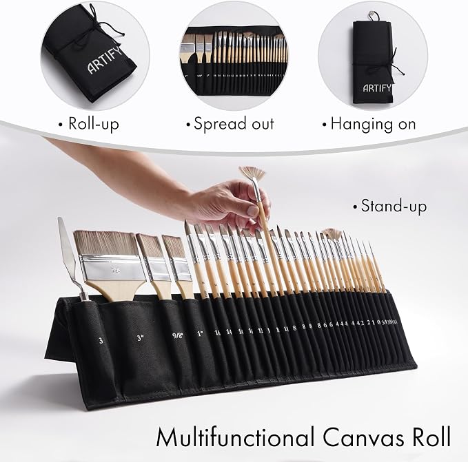 ARTIFY 30 Pieces Professional Paint Brush Set – Expert Series Synthetic Nylon Brushes for Acrylic, Oil, Watercolor, Gouache – No Shedding, Canvas Roll Case & Palette Knife, Artist Gifts Art Supplies