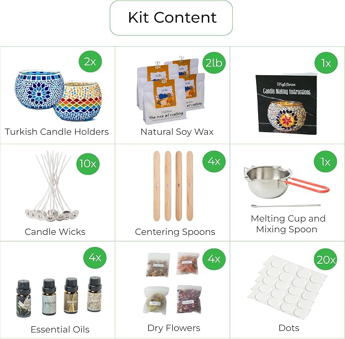 Candle Making Kit for Adults – DIY Candle Making Set with Natural Soy Wax, Wicks, Essential Oils, Dried Flowers & 2 Turkish Mosaic Glass Jars – Makes 2 Candles – Arts & Crafts Gift for Women