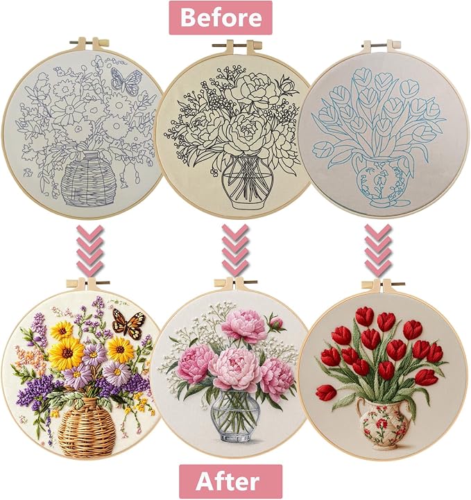 LYMIGER 3 Packs Embroidery Kit for Adults, Embroidery for Beginners (Vase)