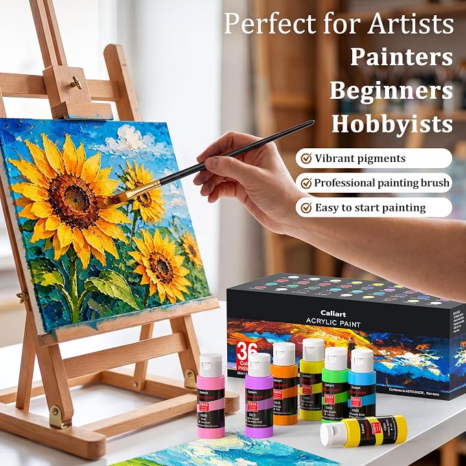 Caliart 36 Colors Acrylic Paint Set with 12 Brushes | Craft Painting kit for Adults Artists Beginners, Rich Pigment Non-toxic, Canvas Wood Rock Pumpkin Ceramic Art Supplies Paint