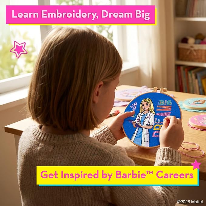 Barbie® Embroidery Kit for Kids Ages 8-12 - 8 Beginner Designs, 2 Hoops