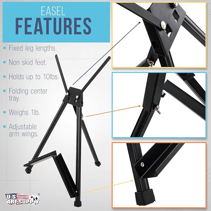 U.S. Art Supply Tabletop Easel for Painting - 15" to 21", Black, Pack of 10 | Adjustable Metal Painting Easel - Portable Art Easels for Display Table Stand - Canvas, Whiteboards, Posters, Signs, Drawings