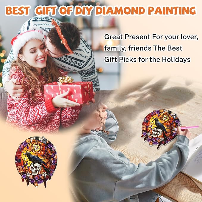 Bowetile Stained Glass Crow Diamond Art Hanging Kits for Adults, Gothic Diamond Art Suncatchers Skull, 5D Halloween Diamond Painting Pendant Window Ornament Gifts for Home Door Wall Decor