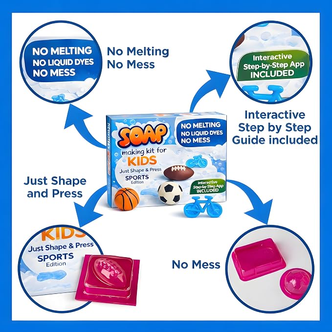 ZenseMe Soap Making Kit for Kids – DIY Sports Theme Soap Making Kit | Sports Shaped Soap Moulds (Basketball, Football, Soccer & Bicycle) Soap Making Supplies that Promote Hygiene Mobile APP