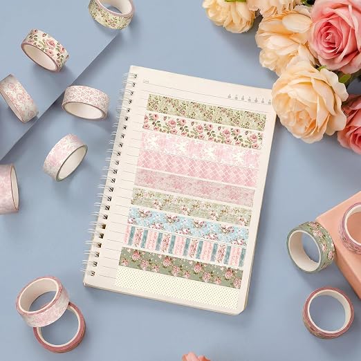 12 Rolls Floral Washi Tape Set,Vintage Pink,Rose | Watercolor Flowers Design for Scrapbook Journal DIY Craft School Supplies, 15 mm Vintage Decorative Masking Washi Tapes
