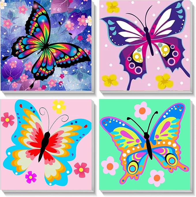 4 Pack Butterfly Paint by Number for Kids with Wooden Frame - Wooden Easel | Paint by Numbers for Kids Butterflies Ages 4-8-12, Easy Painting with Number Oil Painting Kits for Home Wall Decor (8X8 inch)