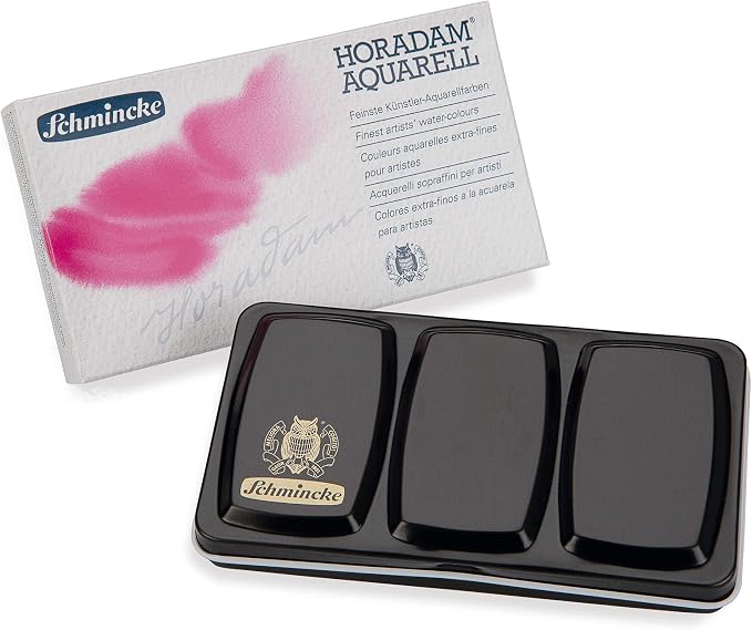 Schmincke - HORADAM AQUARELL Compact Color Box with 12 Finest Watercolor Colors, 1 Davinci Brush, 74 012 097, Metal Box, Painting Set, Finest Watercolor Colors, 12 x 1/2 Pans