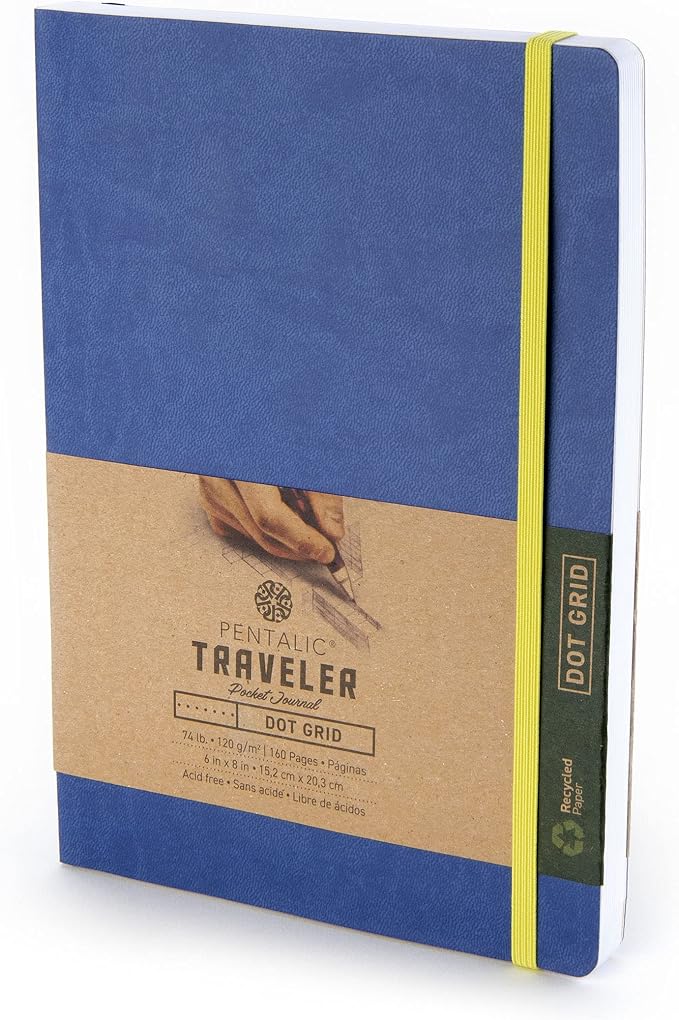 Pentalic 6 x 8" Pocket Dot Grid Traveler Journal, 160 Pages, Denim Blue