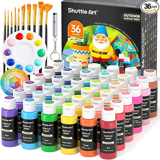 Shuttle Art Outdoor Acrylic Paint Set, 36 Colors 2oz/60ml Waterproof Acrylic Paint with 10 Brushes 1 Palette, Rich Pigmented Paints for Artists, Beginners on Rocks, Wood Crafts, Garden Statues