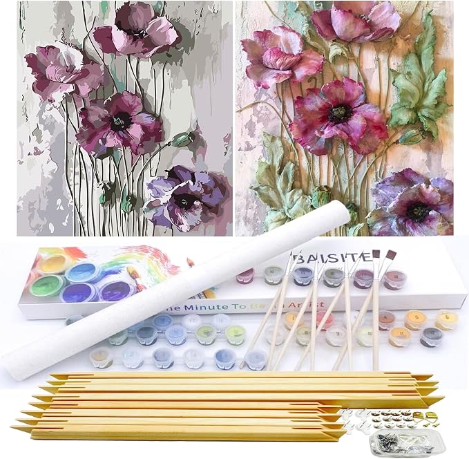 BAISITE Paint by Numbers Kit for Adults Beginners,12" Wx16 L 2 Pack Canvas for Painting Kits for Adults in Colorful Box-Poppies 6566-DIY Frame