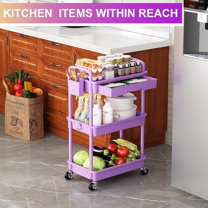 Goovilla 3 Tier Rolling Utility Cart Organizer with Removable Drawer,Purple | Stable and Sturdy Rolling Storage Carts with 2 Lockable Wheels for Bathroom, Kitchen, Snack, Craft, Makeup, Baby Essentials