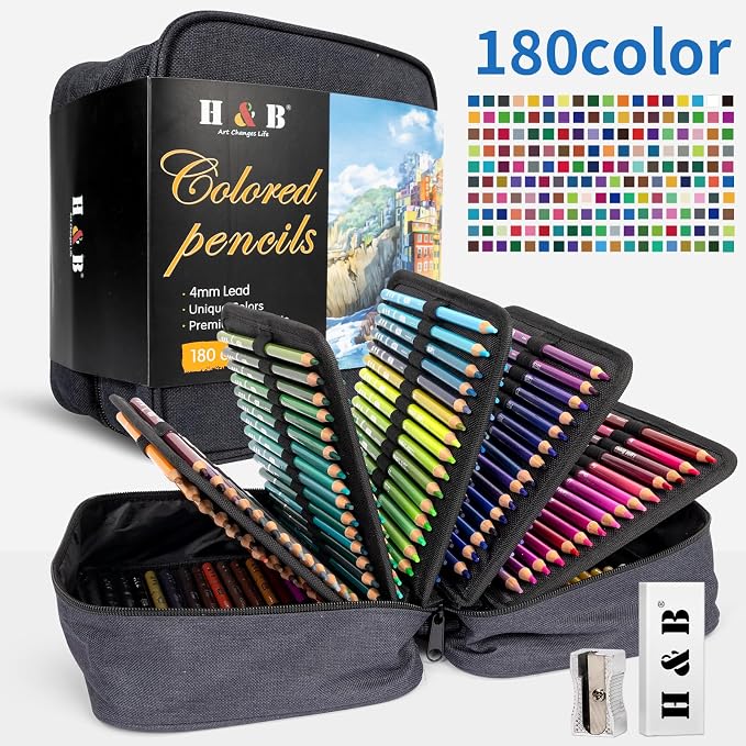 H & B 182 PCS Colored Pencils Kit, Art Supplies for Adult Coloring,Oil Based Soft Core, Ideal for Coloring Sketching Shading, Art Pencil Set for Artists, Wooden Color Pencils