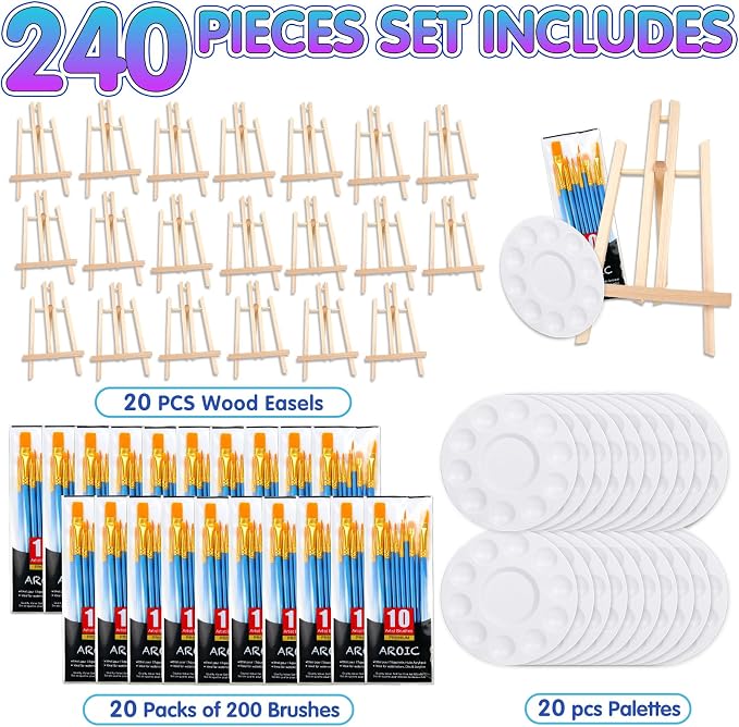 240 PCS Professional Painting Set with 20 Wood Easels, 20 Packs 200 Brushes | with Nylon Brush Head and 20 PCS Palettes, Painting Supplies kit for Kids & Adults to Painting Party