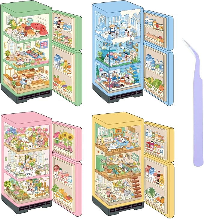 Girls 3D Miniature Scene Stickers,4 Sets Mini Refrigerator DIY House Stickers for Summer Stalls,Colorful World,Underwater World,Warm Home,3D Sticker Scenes for Adult Kids Relief Stress Pass The Time