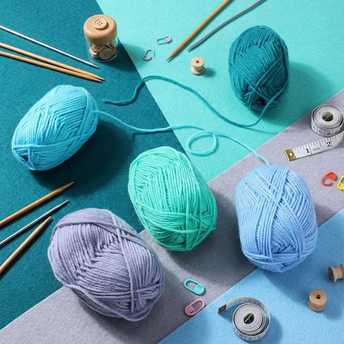 Buryeah Blue Series 8 Packs Crochet Yarn Knitting Bundle Beginner Acrylic Thread Fluffy Hand Tube Polyester Yarn Needles Bulky Kit Variety Pack 726 Yards for Weaving Crafts DIY Project Beginner