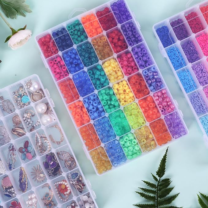Bead Organizer Storage 8 Pack 36 Grid Jewelry Tackle Craft Box Adjustable | Clear Plastic, Adjustable Dividers, Label Stickers Included, for Beads Jewelry Crafts Fishing Tackle and Small Parts