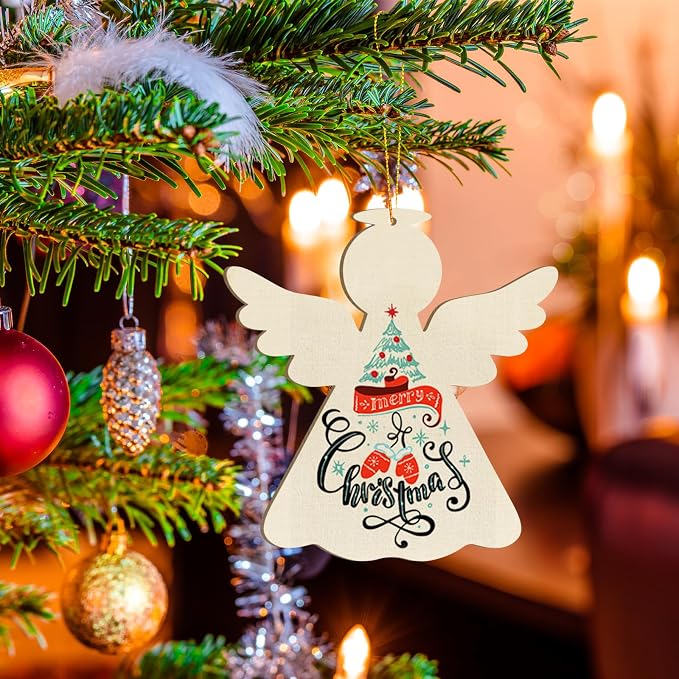 Large Christmas Wooden Ornaments to Paint 10Pcs, DIY Blank Unfinished Angel Wood Cutout Ornament for Crafts Hanging Decorations, Thanksgiving Wedding Birthday Party Decoration