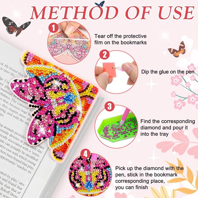 WIVICO 4Pcs Diamond Painting Bookmarks, Diamond Pearl Art Kits for Adults | DIY Diamond Dots Paint By Numbers Kit,Gifts for Book Lovers(Pink Butterfly)