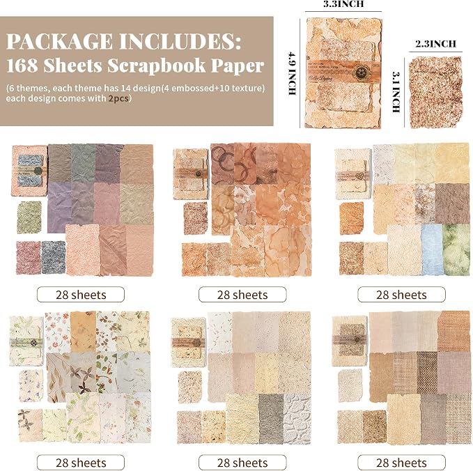 168Pcs Vintage Scrapbook Supplies Kit Textured Rice Paper for Junk Journal