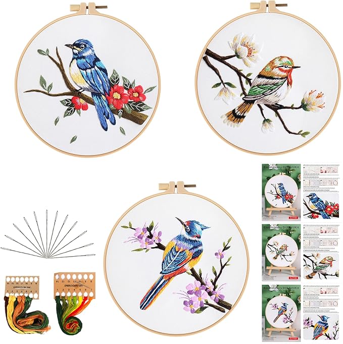 GLTAYLMY 3 Sets Embroidery Kit for Beginners Needlepoint Cross Stitch Kits for Adults,Stitch Learning DIY Kit with Easy Instruction,Stamped Bird Embroidery Patterns,Hoop,Threads,Sewing Hobby