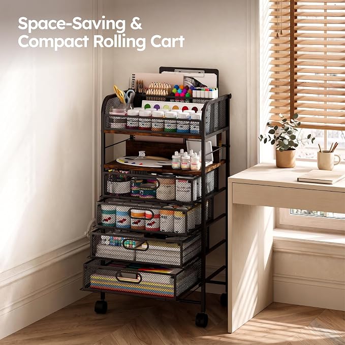 Homsorout Rolling Art Cart with 4 Drawers, Rustic