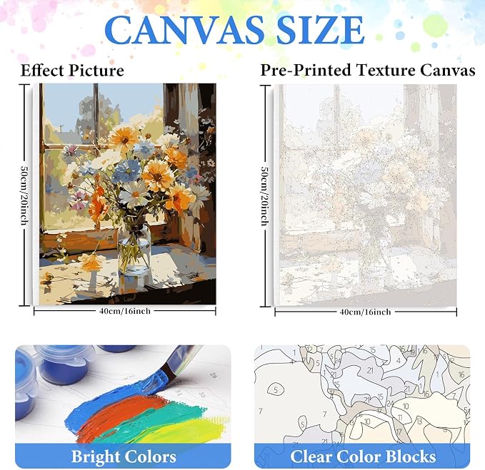 PRASIO Framed Paint by Numbers Kit for Adults Beginner, Flowers Adult Paint by Number Kits on Canvas Framed, DIY Acrylic Watercolor Oil Paint by Numbers with Frame for Gift Home Decor 16x20 Inch