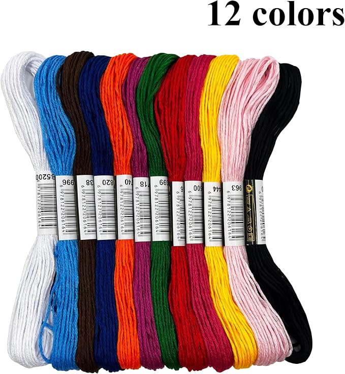 12 Colors Embroidery Thread Set with DMC Codes - 8m Each Skein, Premium Cotton Sewing Floss for Cross Stitch & Needlecraft