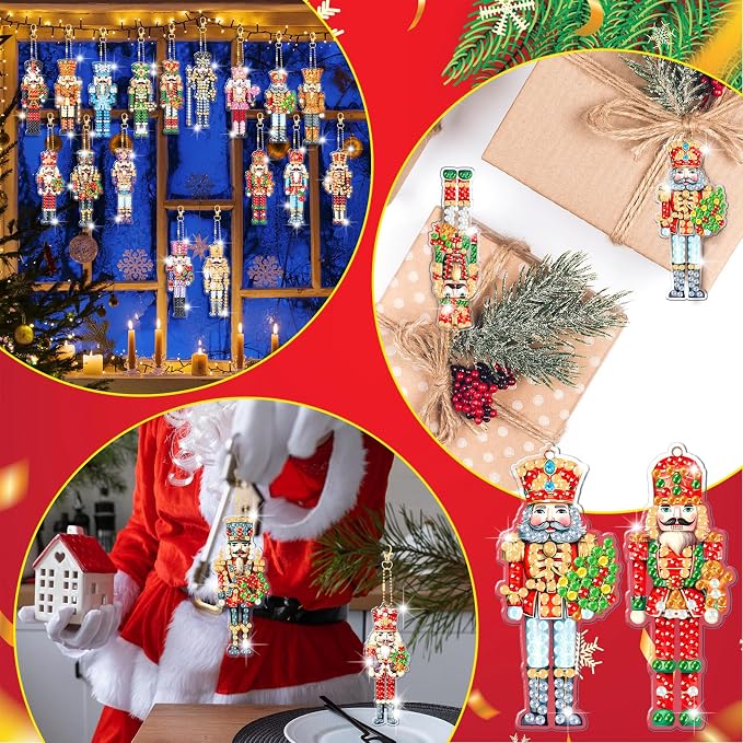 Tondiamo 20 Pcs Christmas Diamond Painting Keychain Kits 5d DIY Christmas Nutcracker Diamond Art Pendants Double Sided Hanging Key Chains Xmas Craft Gifts for Adult Holiday Party Decoration DIY