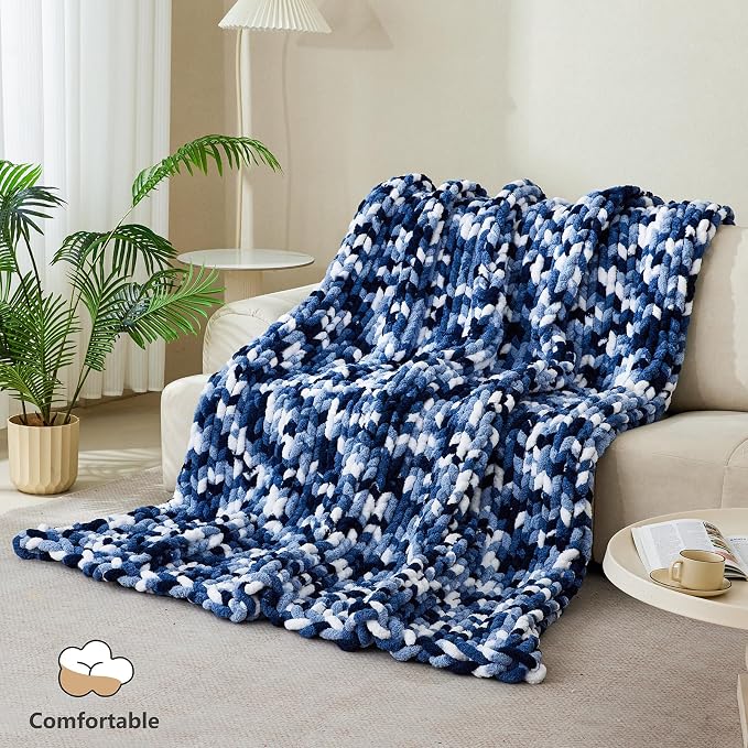 Cozyful Chunky Yarn for Hand Knitting - #10 Chunky Chenille Blanket Yarn, Jumbo Big Thick Chunky Yarns for Crocheting, Tie Dye Bulky Knit Yarns, 8 Skein (20 yds 8 oz Each Skein), Multi Blue & White
