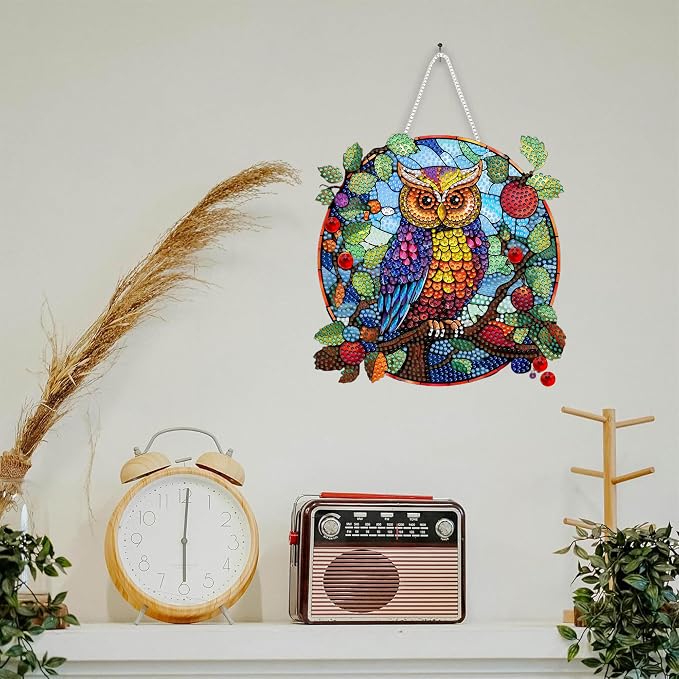 SKRYUIE Owl Hanging Pearl Diamond Art Kits for Adults Suncatcher A50 | Special Shaped Crystal DIY Hanging Diamond Painting Kit, Gift for Mother Spring Summer Window Wreath Decor 7.72 x 7.64 Inch